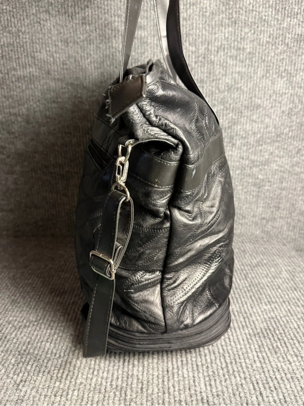 Vintage Black Leather Patchwork Expandable Travel Bag Tote XL